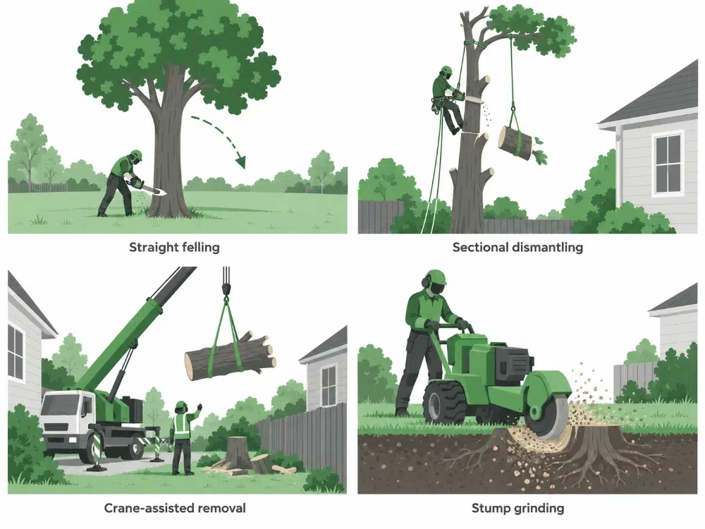 Four tree removal for landscaping techniques: straight felling, sectional dismantling, crane-assisted removal, and stump grinding Four tree removal for landscaping techniques: straight felling, sectional dismantling, crane-assisted removal, and stump grinding
