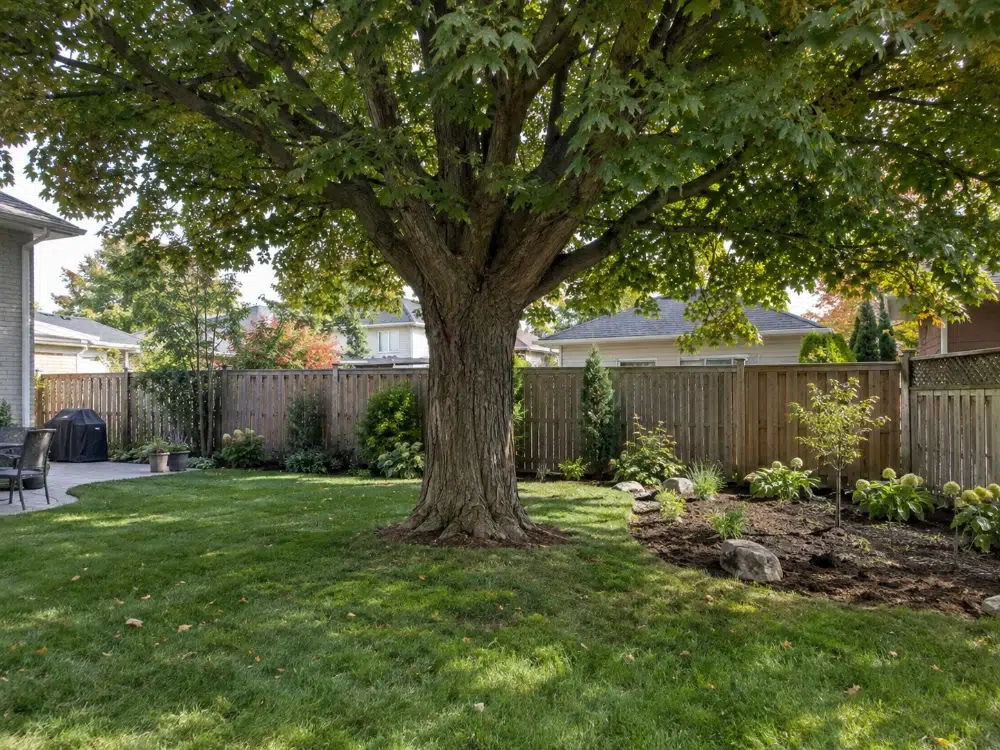 Mature maple tree in a Canadian suburban backyard with landscaping around its base, garden beds, and a wooden fence — an example of landscaping around trees instead of removing them Mature maple tree in a Canadian suburban backyard with landscaping around its base, garden beds, and a wooden fence — an example of landscaping around trees instead of removing them