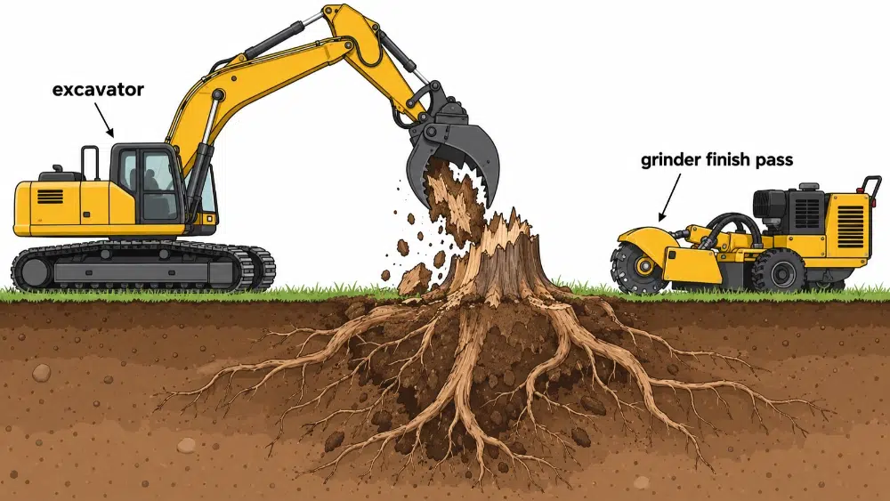 Stump Grinding Techniques: 12 Methods Arborists Use + Images 5 Excavator Assisted Grinding stump grinding techniques