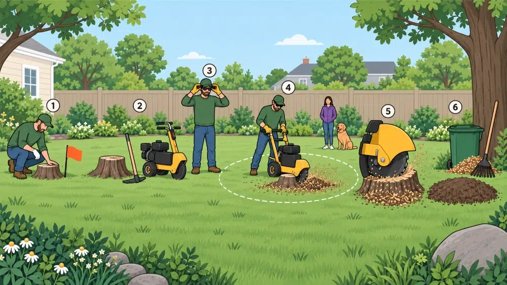 Illustrated stump removal safety steps including utility check tool choice PPE exclusion zone grinding and cleanup Illustrated stump removal safety steps including utility check tool choice PPE exclusion zone grinding and cleanup