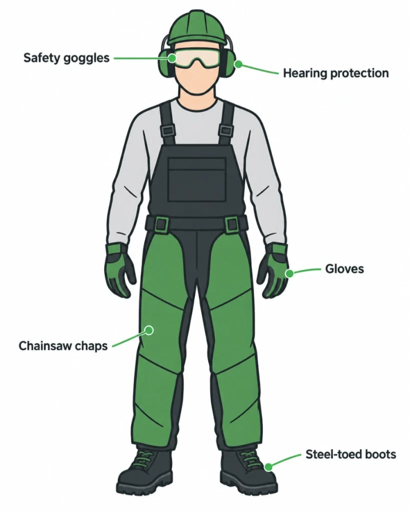 Stump Removal Safety: Standards, Checklist and Tools Needed 1 Labeled PPE diagram Stump Removal Safety