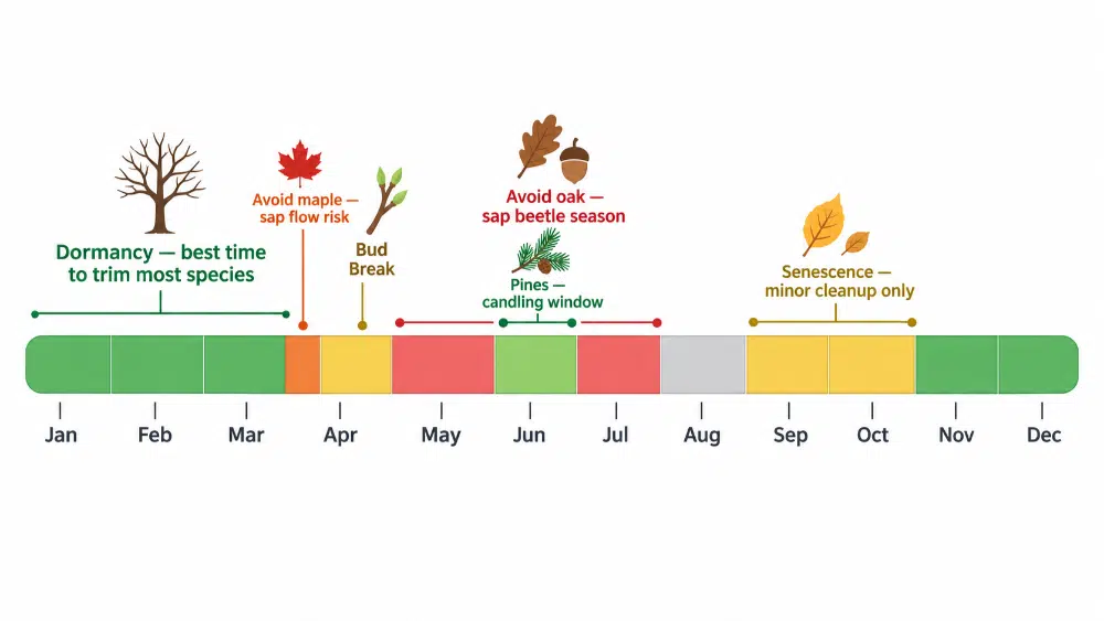Best time to trim trees calendar showing dormancy, oak wilt, and maple sap risk by month Best time to trim trees calendar showing dormancy, oak wilt, and maple sap risk by month