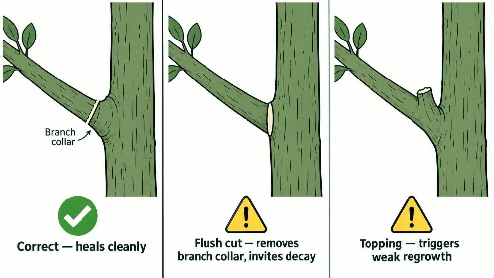 Tree pruning cut comparison showing correct cut, flush cut, and topping mistakes Tree pruning cut comparison showing correct cut, flush cut, and topping mistakes