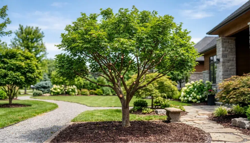Tree Trimming in Ottawa 1 Professionally shaped tree in residential yard after tree trimming in Ottawa, showing clean cuts and balanced growth