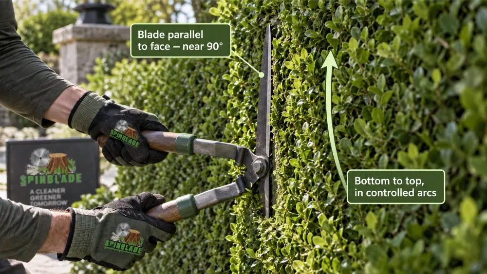 close up shot of an arborist using a tool and conducting one of the widely known hedge trimming techniques close up shot of an arborist using a tool and conducting one of the widely known hedge trimming techniques