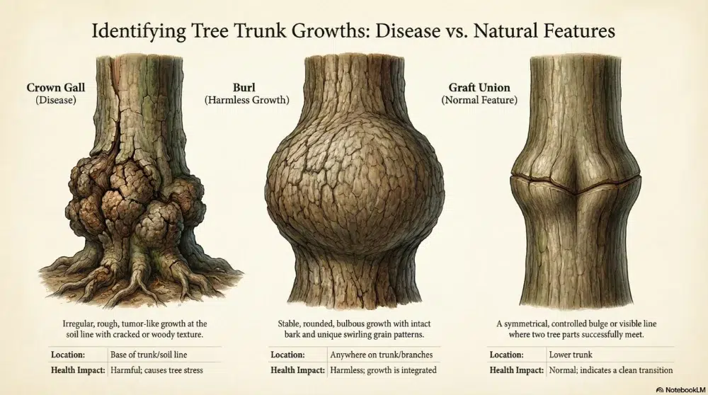 Crown Gall Disease: When to Treat or Remove Tree Growths 7 illustration-identifying tree trunk growths burls vs crown gall vs tree grafts