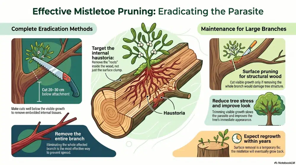 Mistletoe in Trees: Harmless or a Hidden Problem? 4 how to prune mistletoe infographic illustration