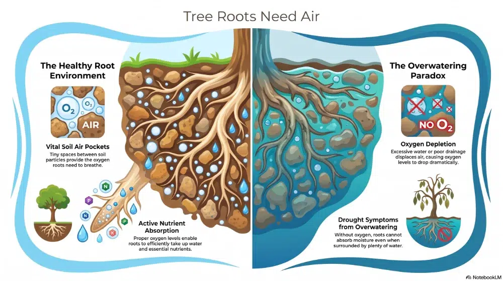 illustration showing healthy vs overwatered tree roots illustration showing healthy vs overwatered tree roots