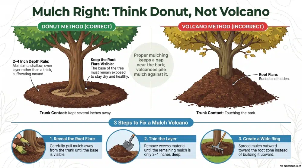 practical illustration showing mulch volcanoes vs mulch donuts, and explaining proper mulching techniquea practical illustration showing mulch volcanoes vs mulch donuts, and explaining proper mulching techniquea