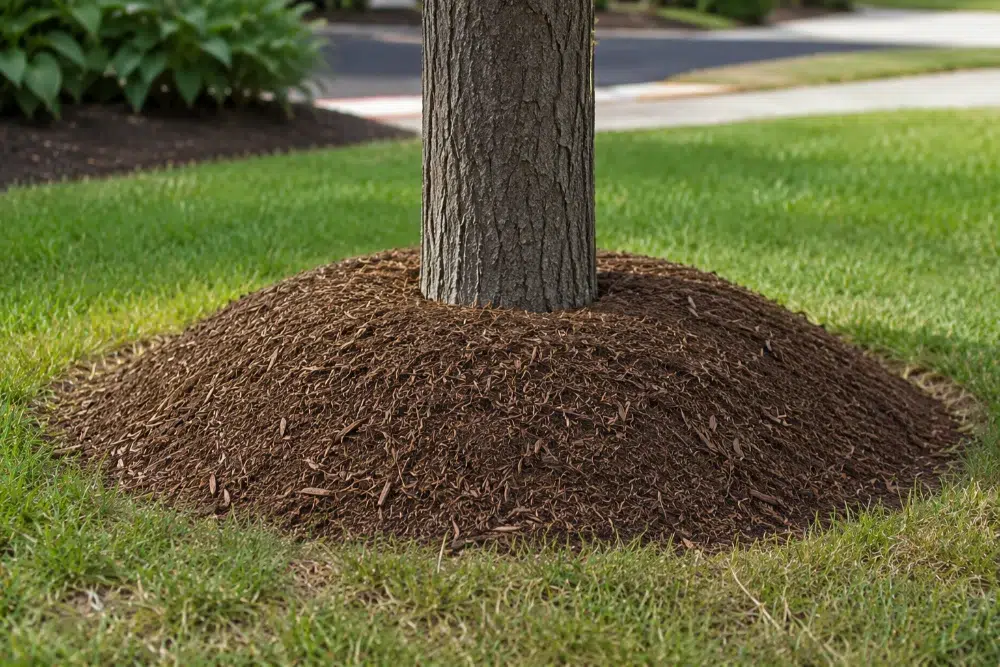 mulch volcanoes surrounding tree showing improper mulching technique mulch volcanoes surrounding tree showing improper mulching technique