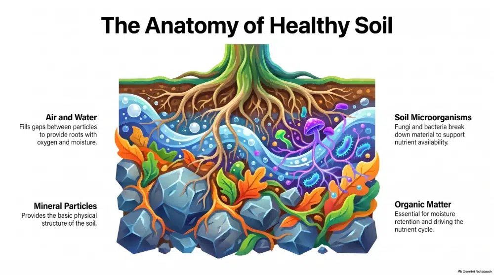 Why Is Healthy Soil Important for Trees? 1 Anatomy of Healthy Soil infographic why is healthy soil important,soil pH for trees,girdling roots LINKED,soil health,best soil for trees,soil compaction,soil pH,root health (LINKED)