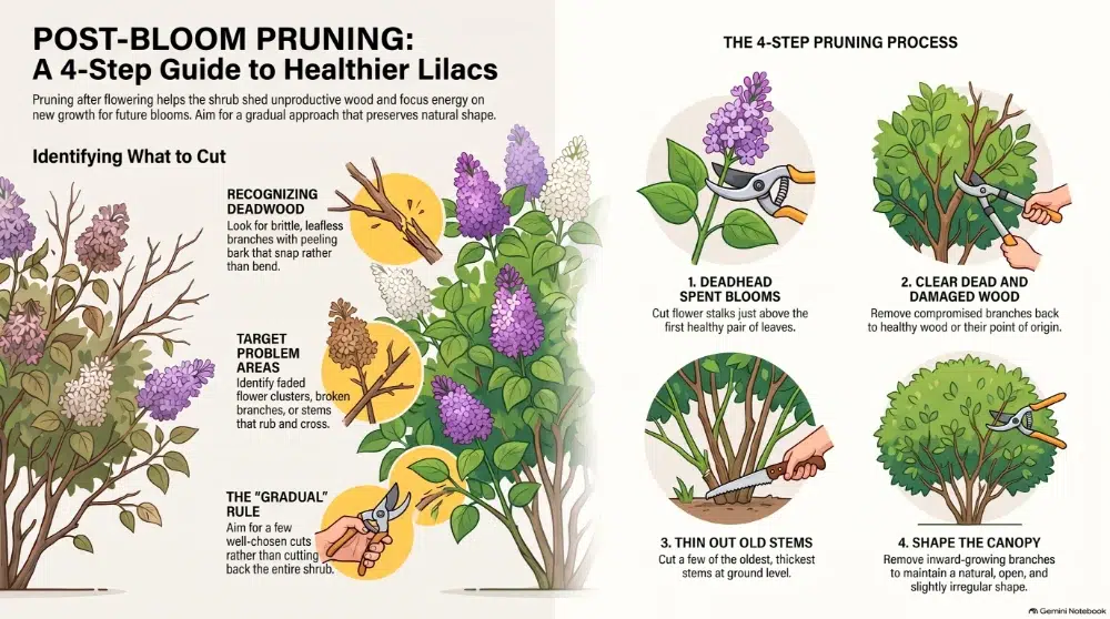 How & When to Prune Lilacs in Ontario 1 4 Step diagram lilac pruning guide