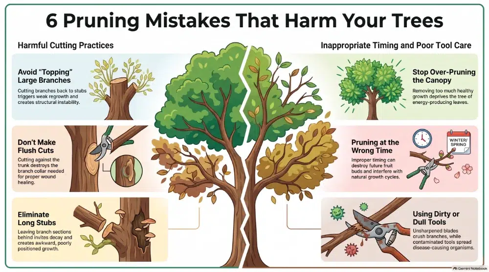 Detailed illustration showing common tree pruning mistakes Detailed illustration showing common tree pruning mistakes