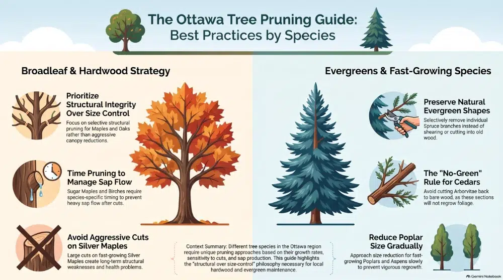 Ottawa illustrative guide of tree pruning best practices, shows how much to prune based on common tree species Ottawa illustrative guide of tree pruning best practices, shows how much to prune based on common tree species