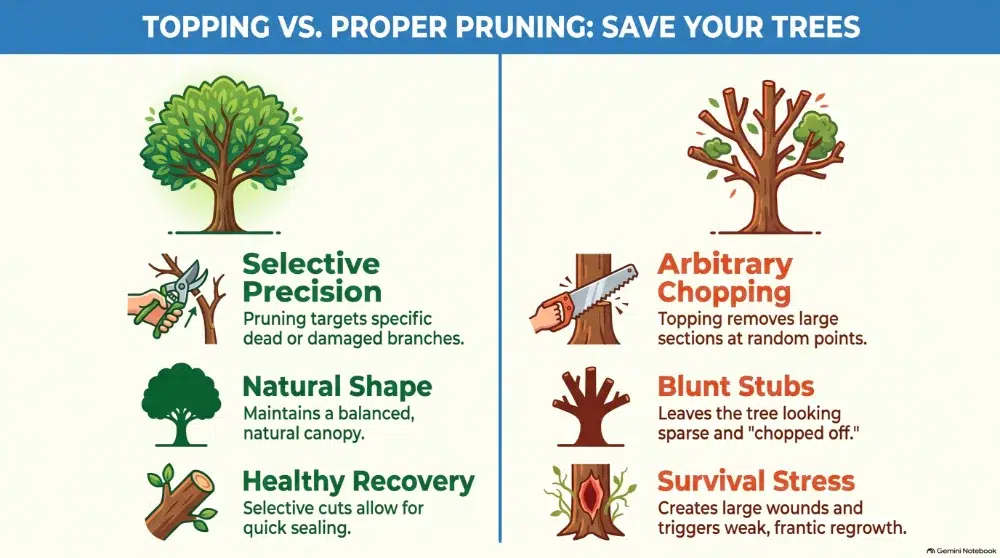 illustration showing proper pruning vs tree topping illustration showing proper pruning vs tree topping