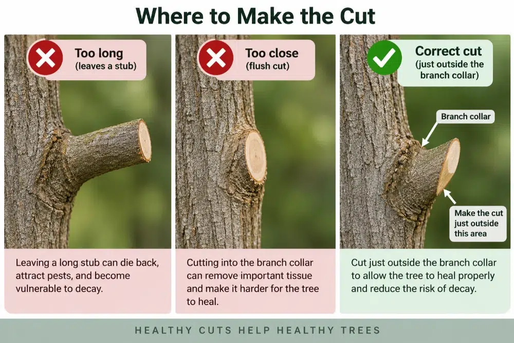 Image showing where not to make pruning cuts and correct pruning cut Image showing where not to make pruning cuts and correct pruning cut