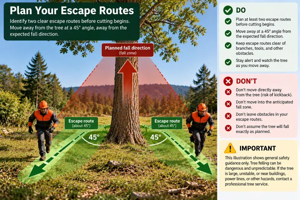 How to Cut Down a Tree Safely: What to Know First 2 illustrative guide for planning tree felling escape route