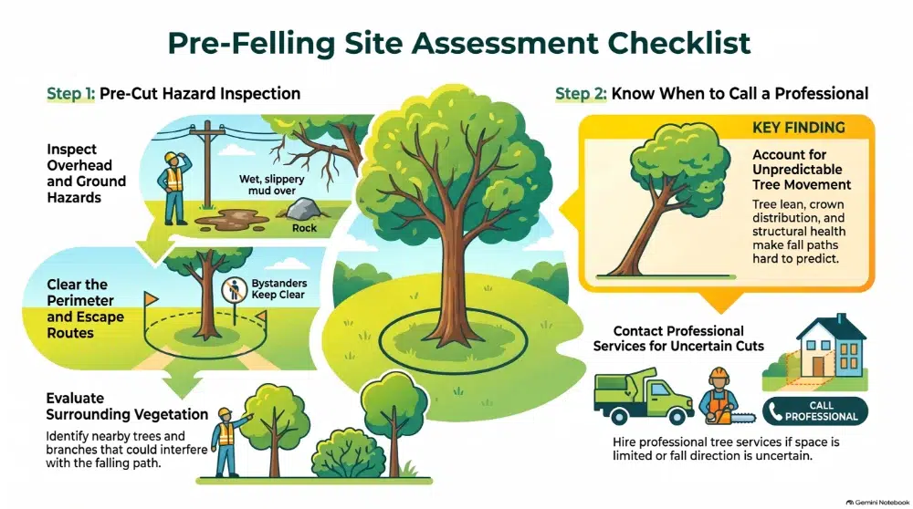 How to Cut Down a Tree Safely: What to Know First 1 Pre Felling Site Assessment Safety Checklist how to cut down a tree,how to cut down a tree safely,how to fell a tree,tree felling techniques,how to cut a tree at the base,tree cutting process,tree cutting method (tree cutting techniques sub pillar) LINIKED,tree cutting pillar LINKED